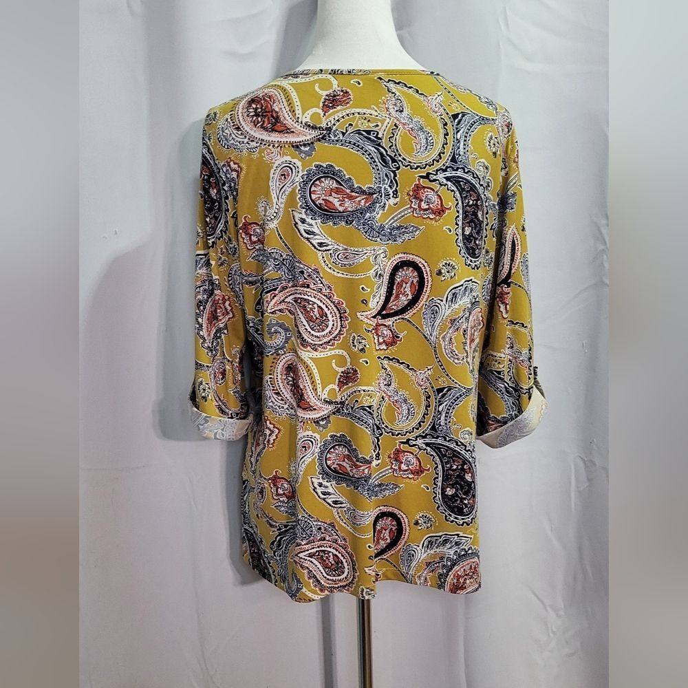 PerSeption Concept Women's Yellow Paisley Print Roll Tab 3/4 Sleeve Blouse Sz XL - Picture 9 of 11